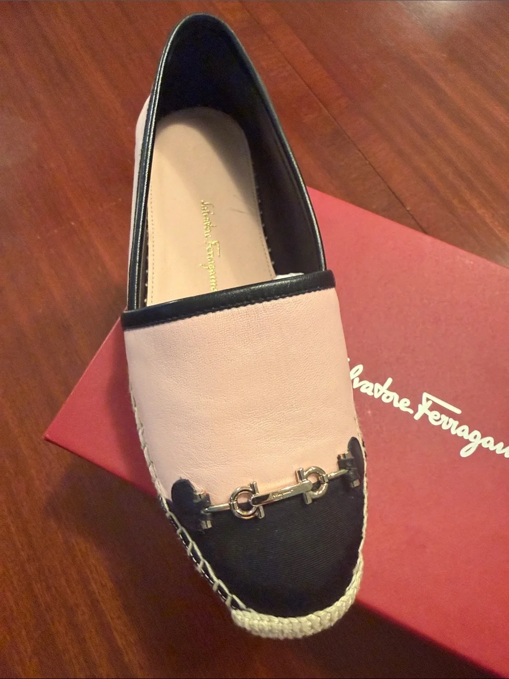 Salvatore Ferragamo Pink and black Leather Espadrilles with Gancini Trim